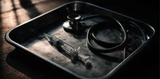 Particolare-di-una-siringa-e-uno-stetoscopio-su-sfondo-scuro_-simbolo-del-tradimento-della-cura-medi