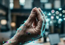 Il linguaggio dei gesti: dalla piazza a Slack, il codice non cambia Mano umana che compie un gesto tradizionale trasformandosi in icone digitali.