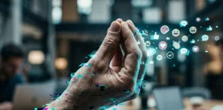 Mano umana che compie un gesto tradizionale trasformandosi in icone digitali.