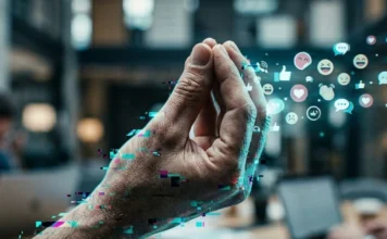 Mano umana che compie un gesto tradizionale trasformandosi in icone digitali.