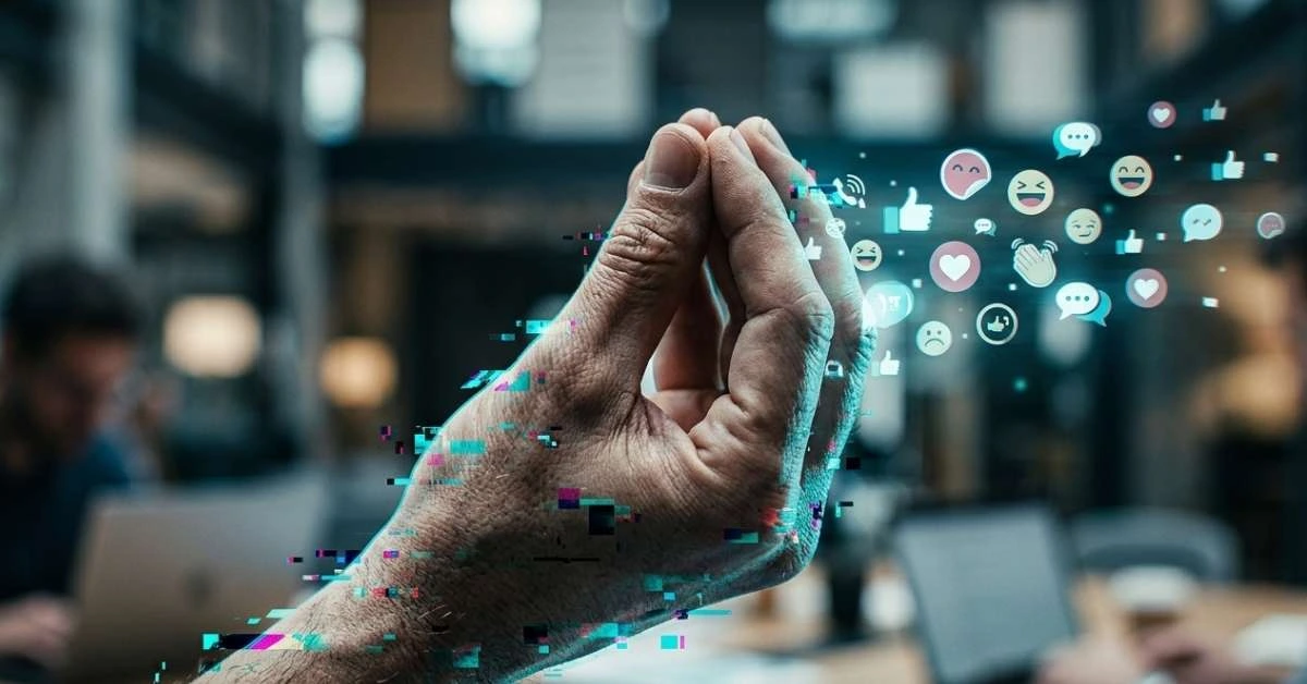 Mano umana che compie un gesto tradizionale trasformandosi in icone digitali.