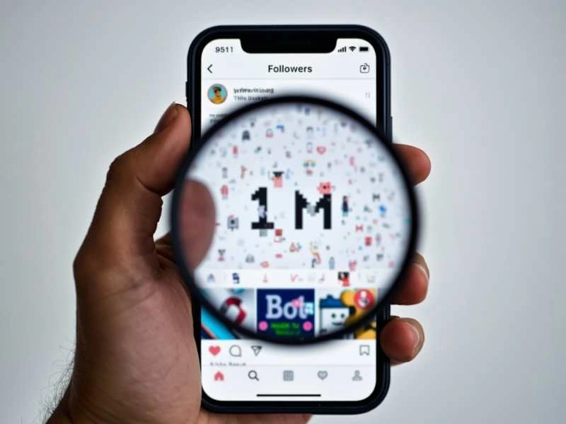 Lente di ingrandimento che rivela icone di bot e fantasmi dietro un numero di follower su uno smartphone. 